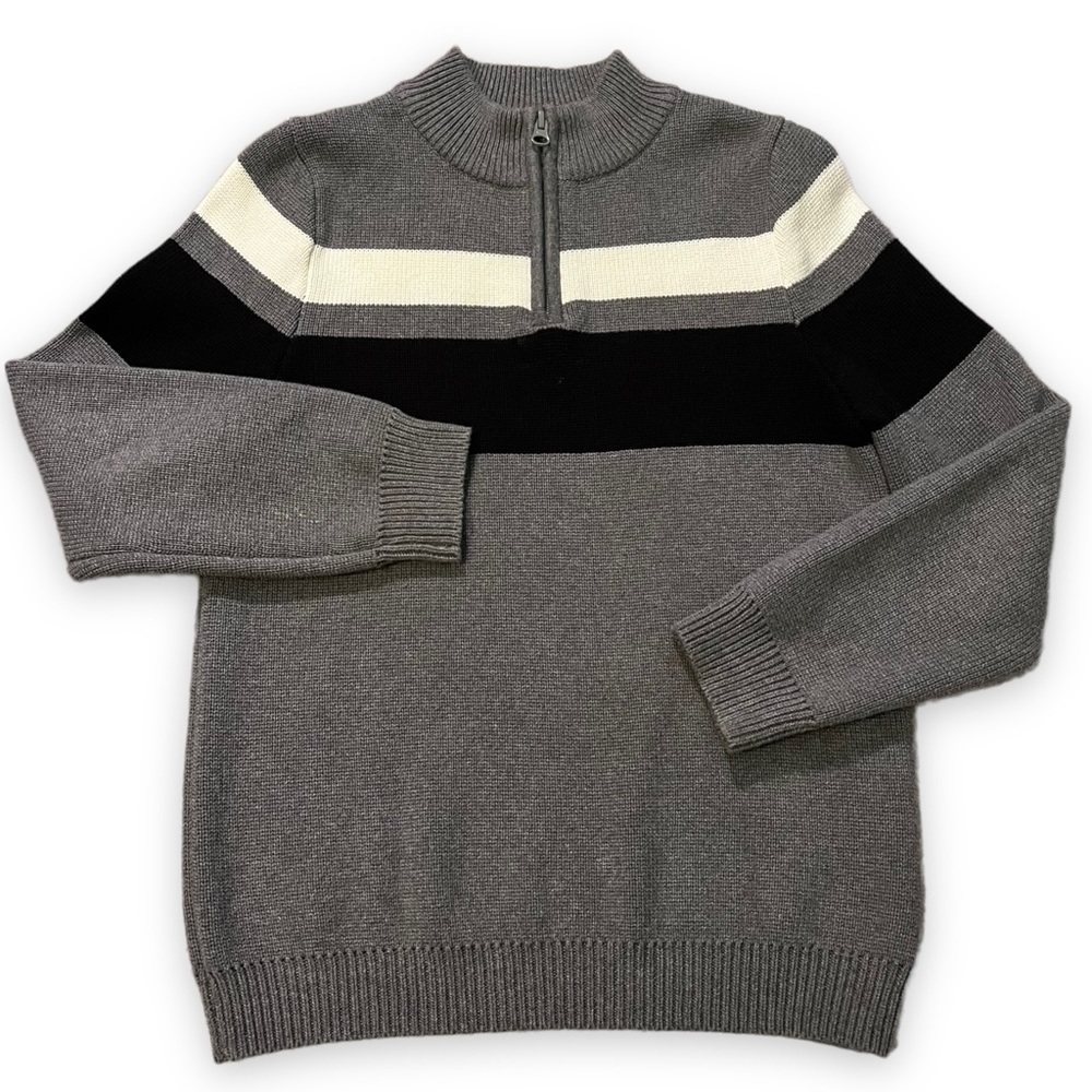 Hanna Andersson Sweater Zipper Mock Neck Stripes 100% Cotton Gray 140cm/US10